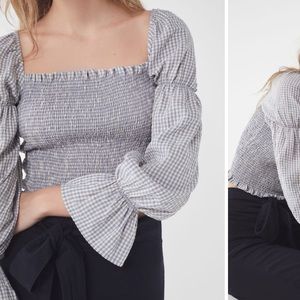 UO Gingham Cinched Sleeve Blouse in blue